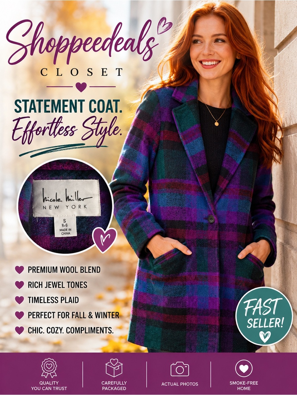 Nicole Miller New York Plaid Wool Blend Coat